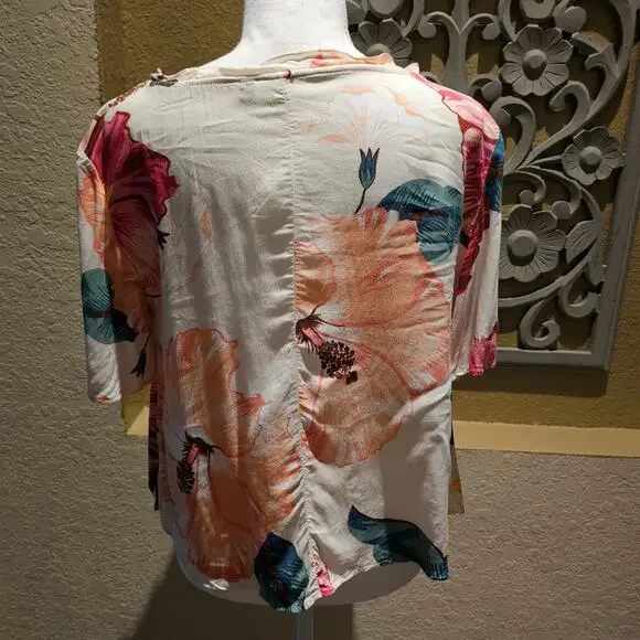 Farm Rio XL Boho Floral Blouse Top Statement Summer Resort Vacay Hibiscus Beach - Picture 9 of 9